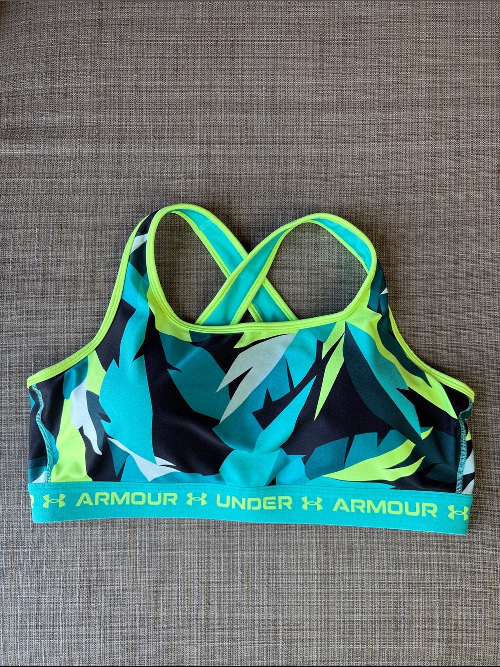 Like New Under Armour Teal & Neon Lime Patterned Compression Sports Bra sz 3X - Picture 5 of 6